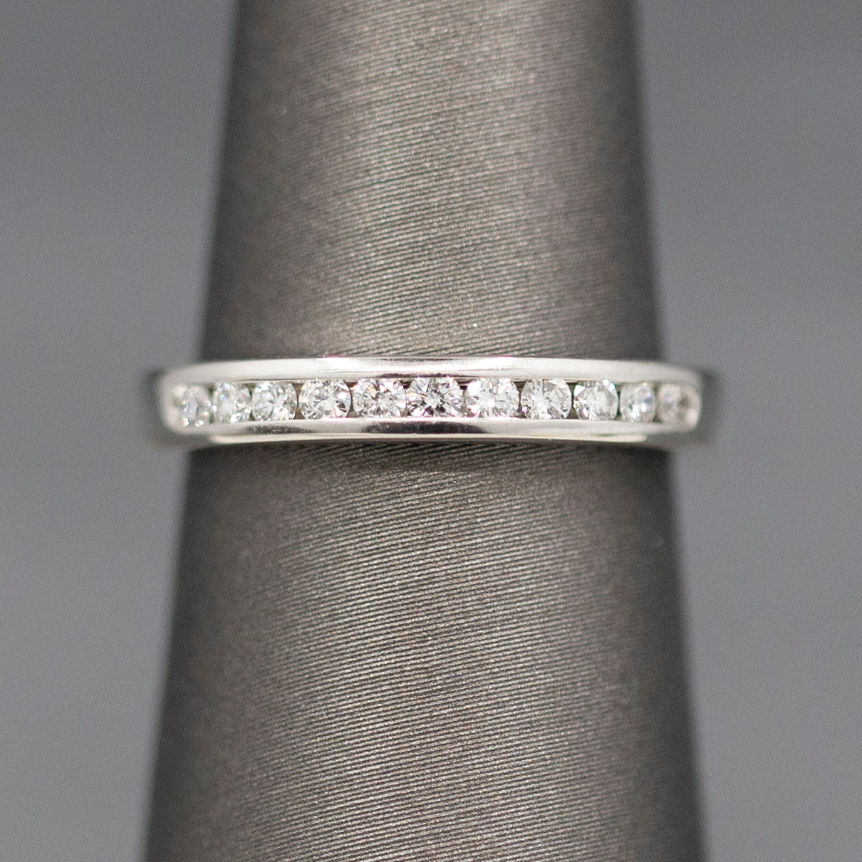 Petite Channel Set Round Diamond Wedding Band Stackable Ring in 14k White Gold