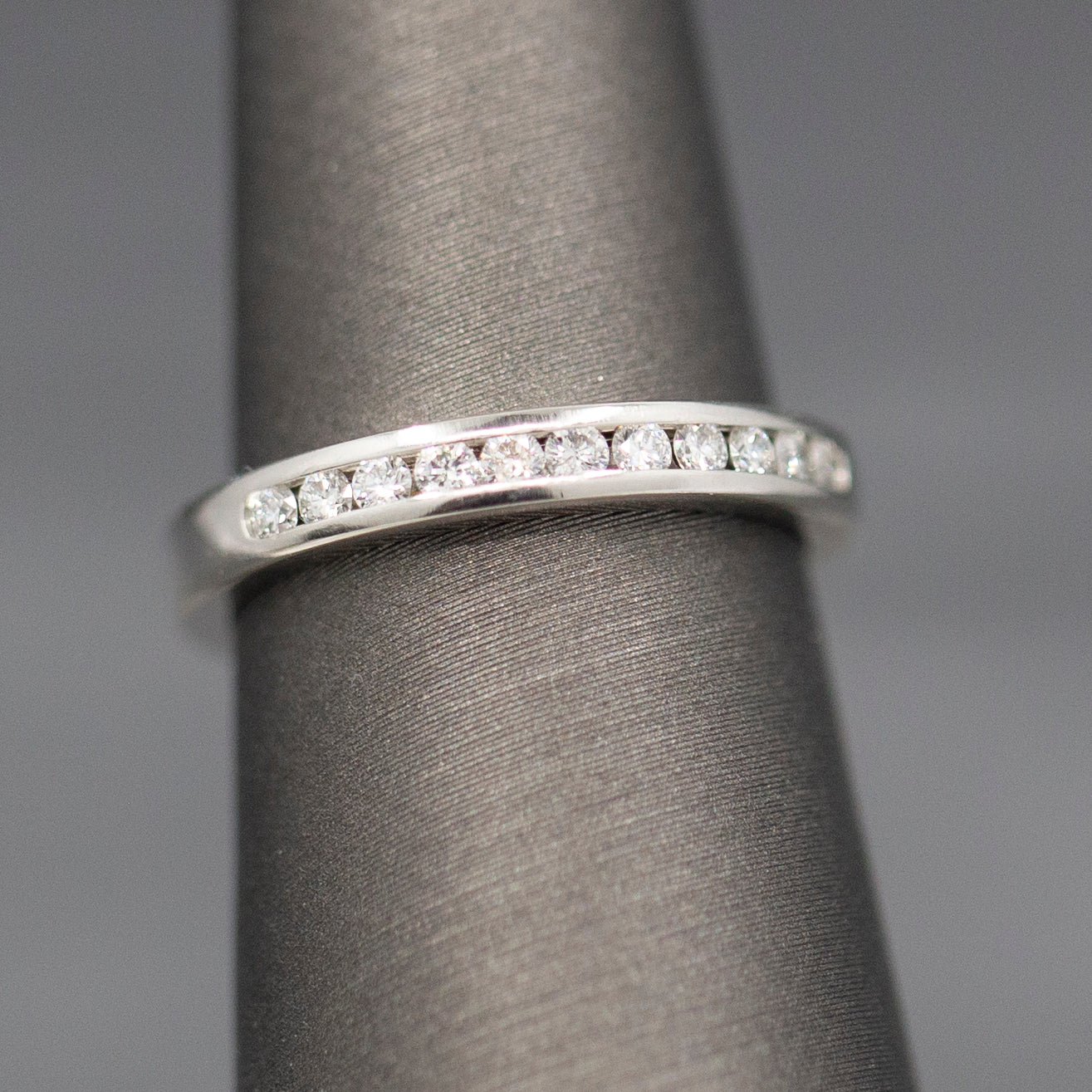 Petite Channel Set Round Diamond Wedding Band Stackable Ring in 14k White Gold