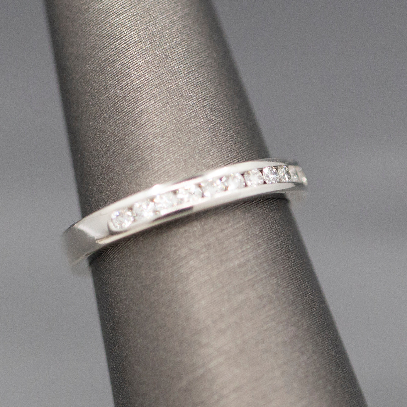 Petite Channel Set Round Diamond Wedding Band Stackable Ring in 14k White Gold