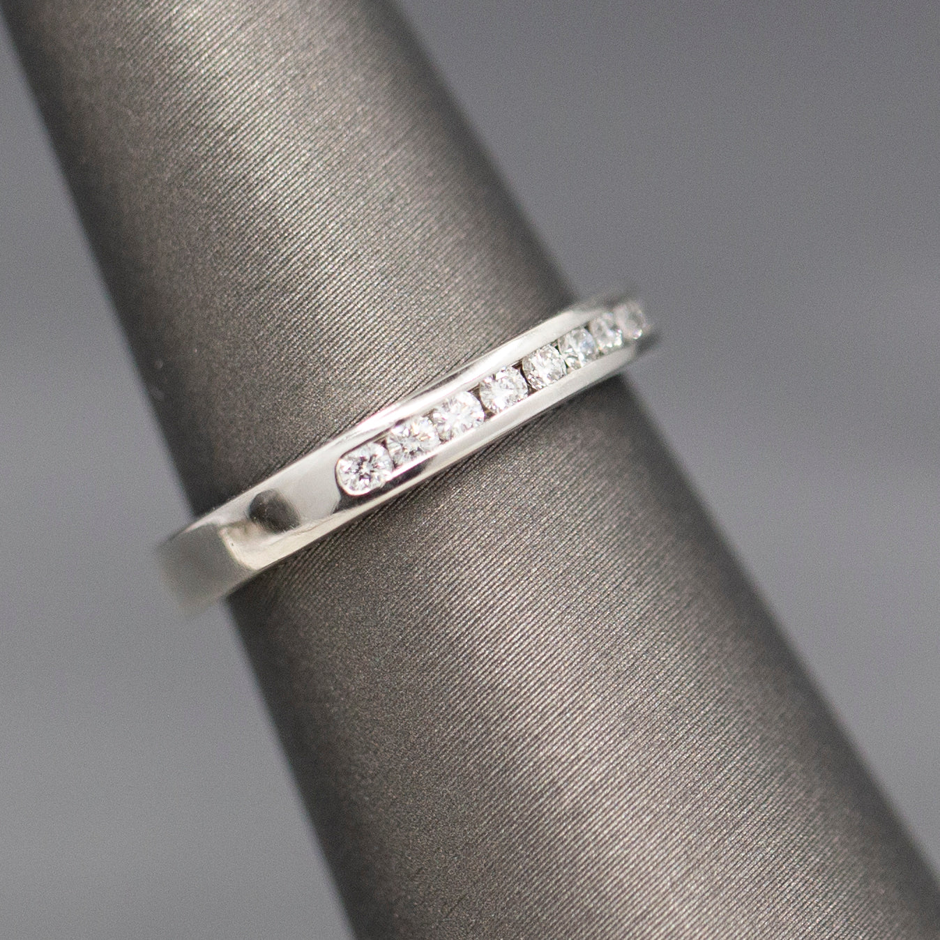 Petite Channel Set Round Diamond Wedding Band Stackable Ring in 14k White Gold