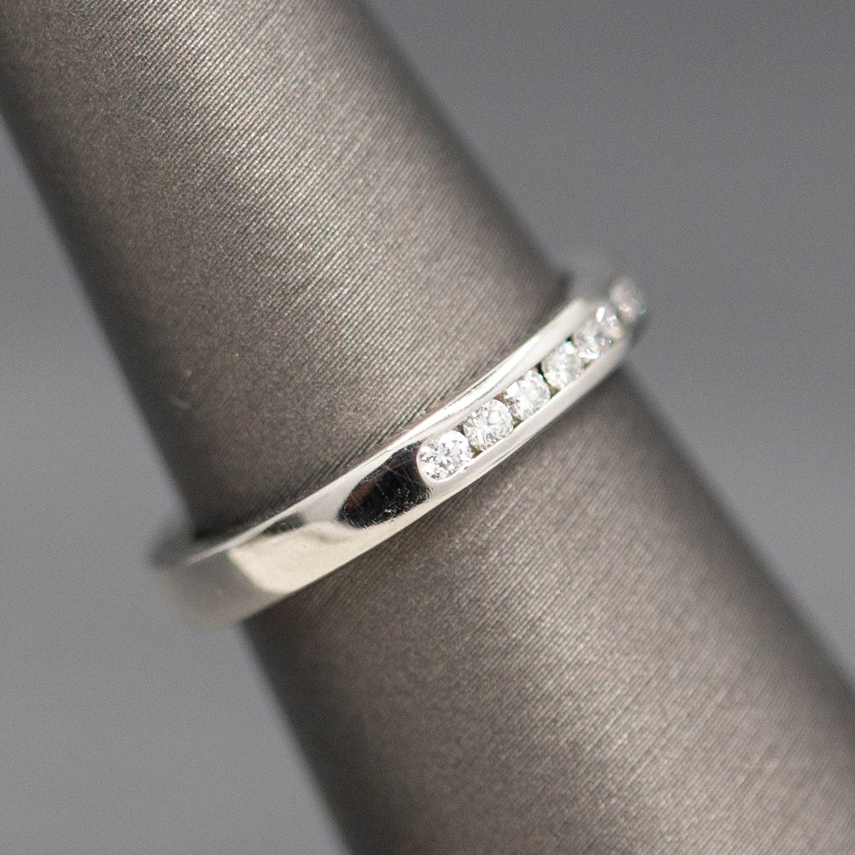 Petite Channel Set Round Diamond Wedding Band Stackable Ring in 14k White Gold