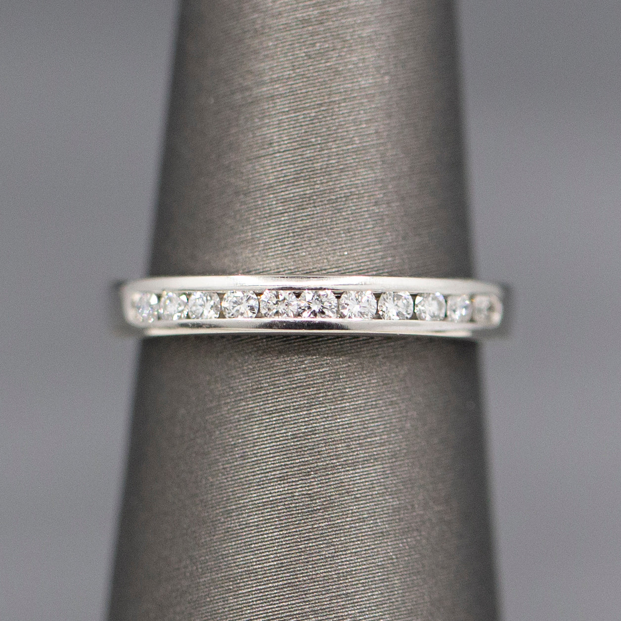 Petite Channel Set Round Diamond Wedding Band Stackable Ring in 14k White Gold
