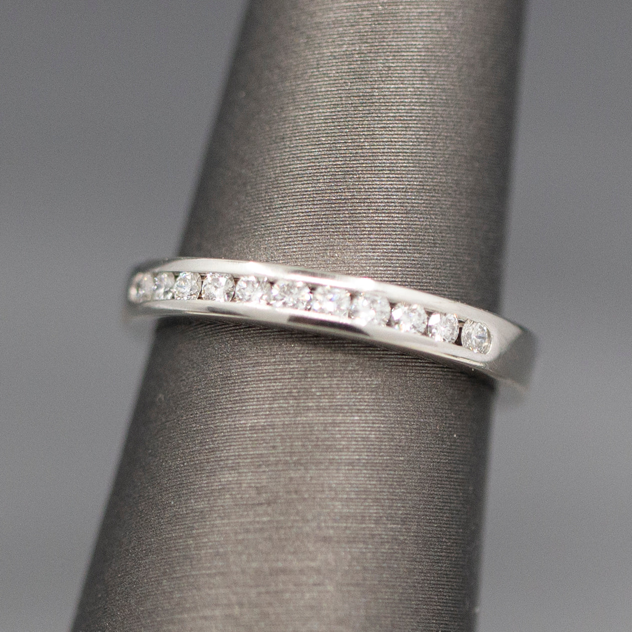 Petite Channel Set Round Diamond Wedding Band Stackable Ring in 14k White Gold