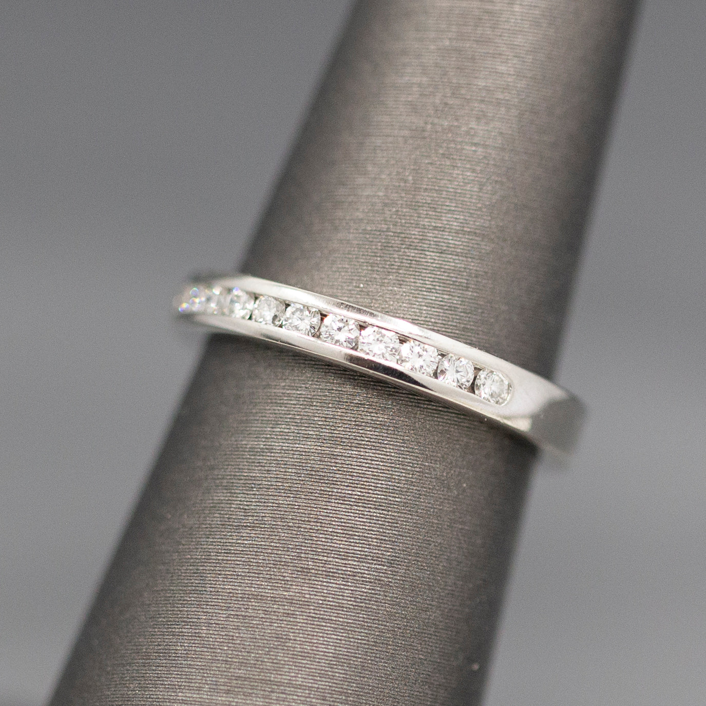Petite Channel Set Round Diamond Wedding Band Stackable Ring in 14k White Gold