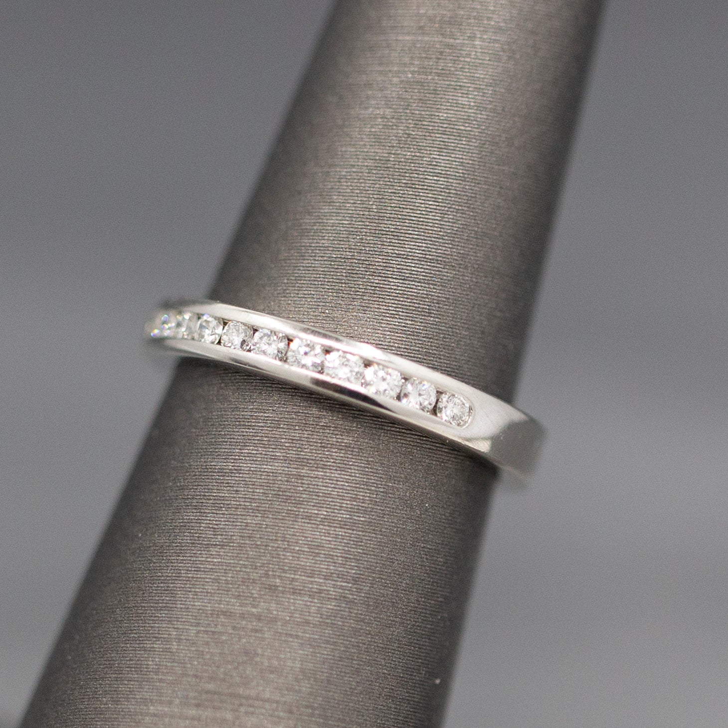 Petite Channel Set Round Diamond Wedding Band Stackable Ring in 14k White Gold
