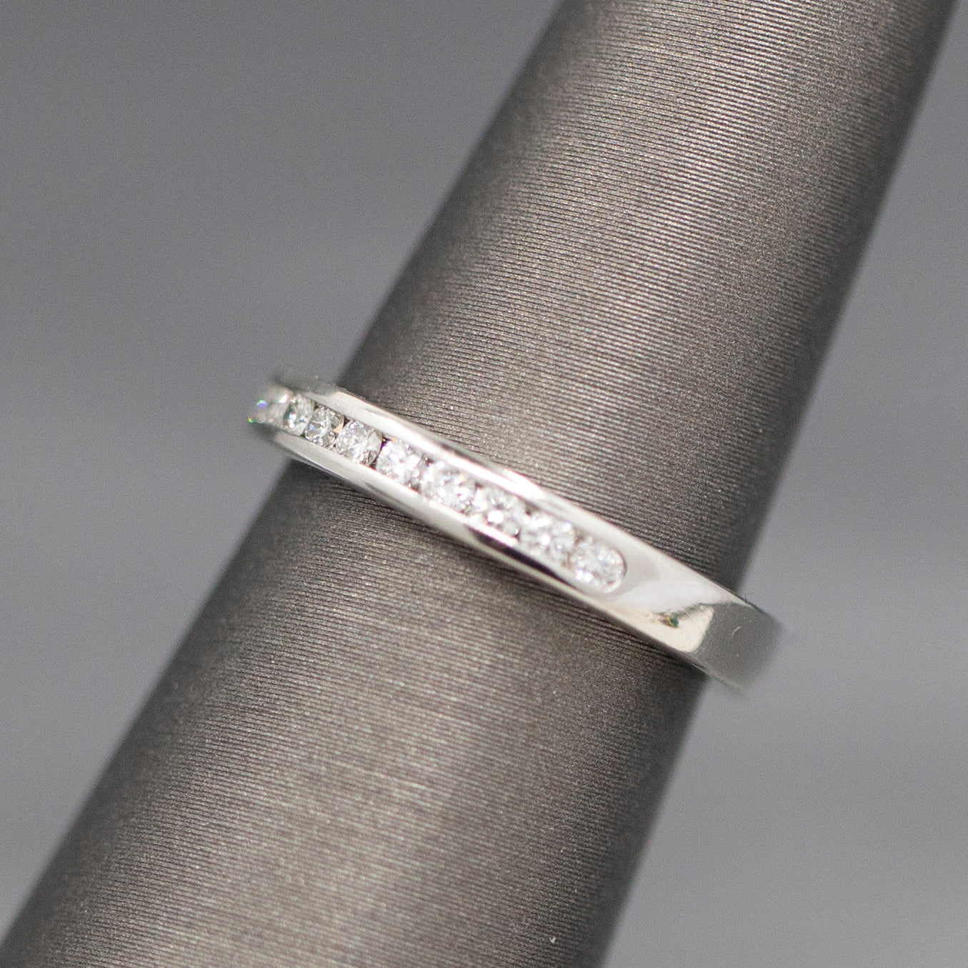 Petite Channel Set Round Diamond Wedding Band Stackable Ring in 14k White Gold