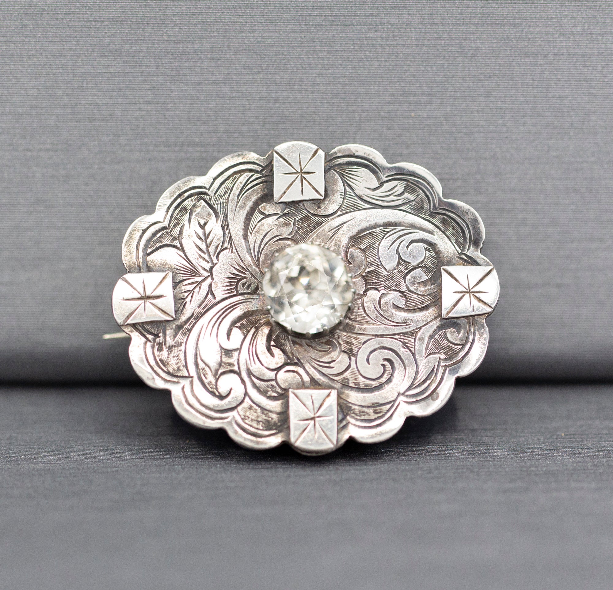 1885 Victorian English Silver and Paste Engraved Brooch Pin