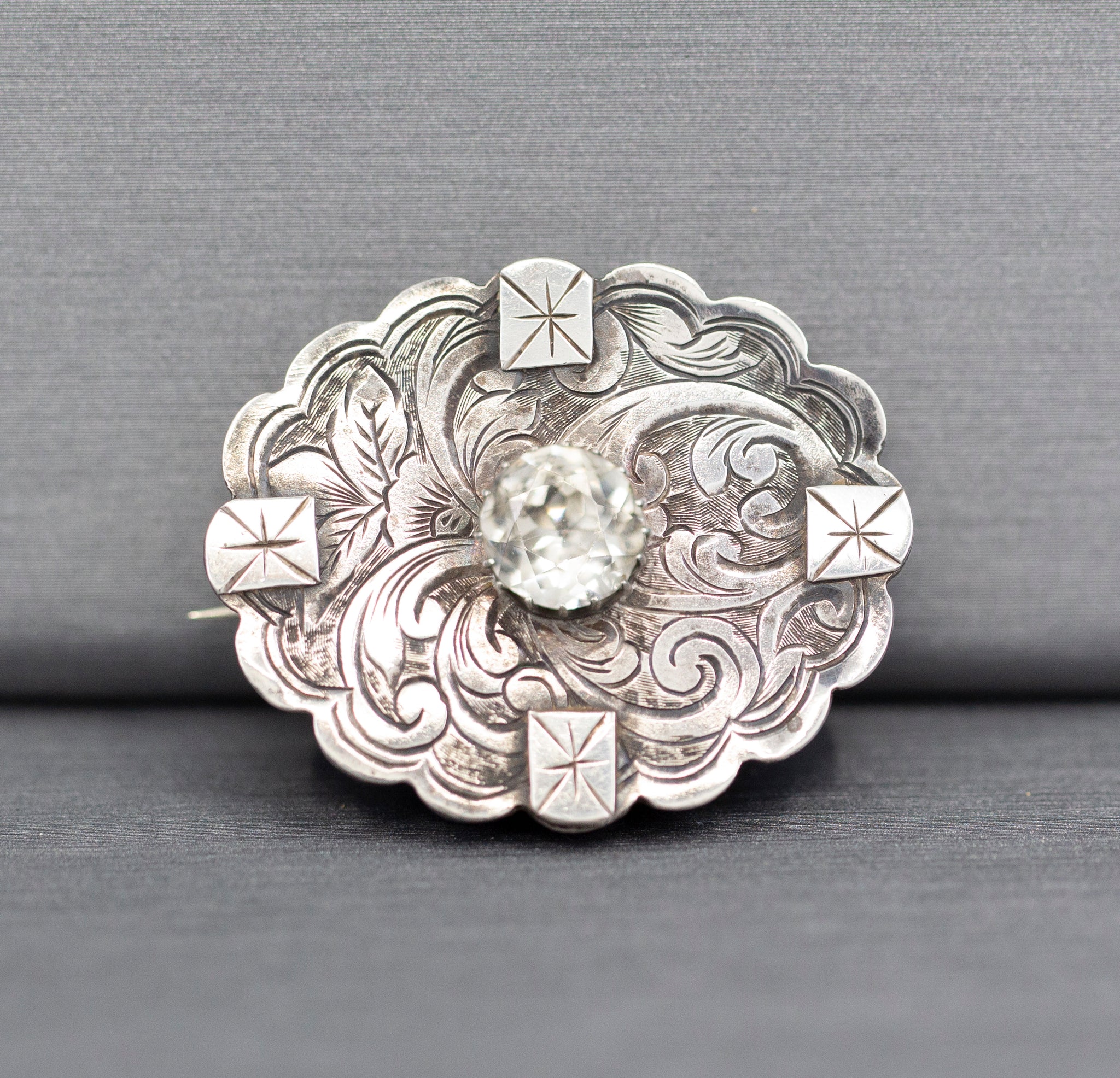 1885 Victorian English Silver and Paste Engraved Brooch Pin