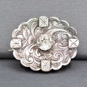 1885 Victorian English Silver and Paste Engraved Brooch Pin