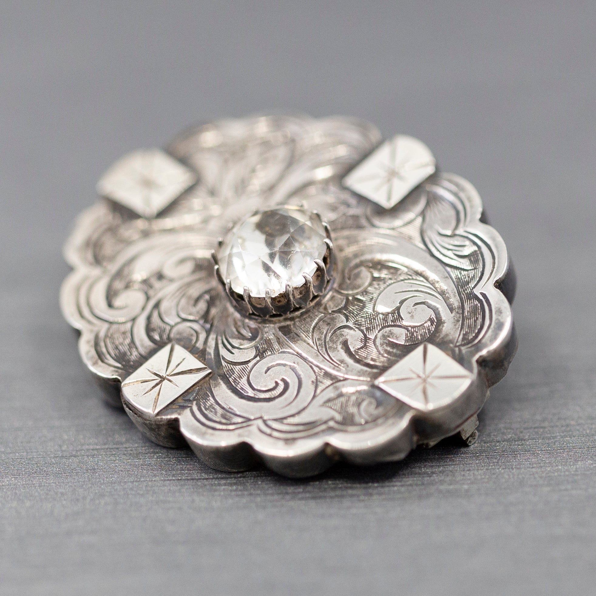 1885 Victorian English Silver and Paste Engraved Brooch Pin