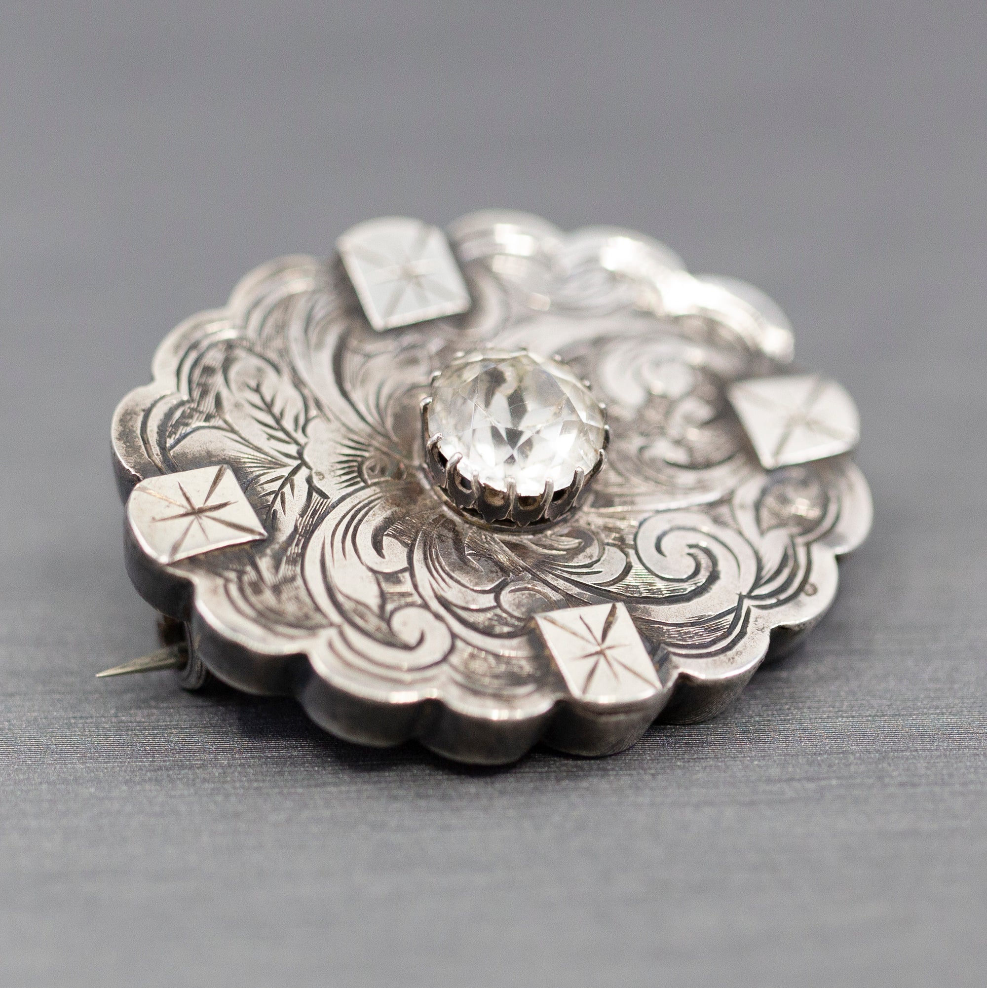 1885 Victorian English Silver and Paste Engraved Brooch Pin