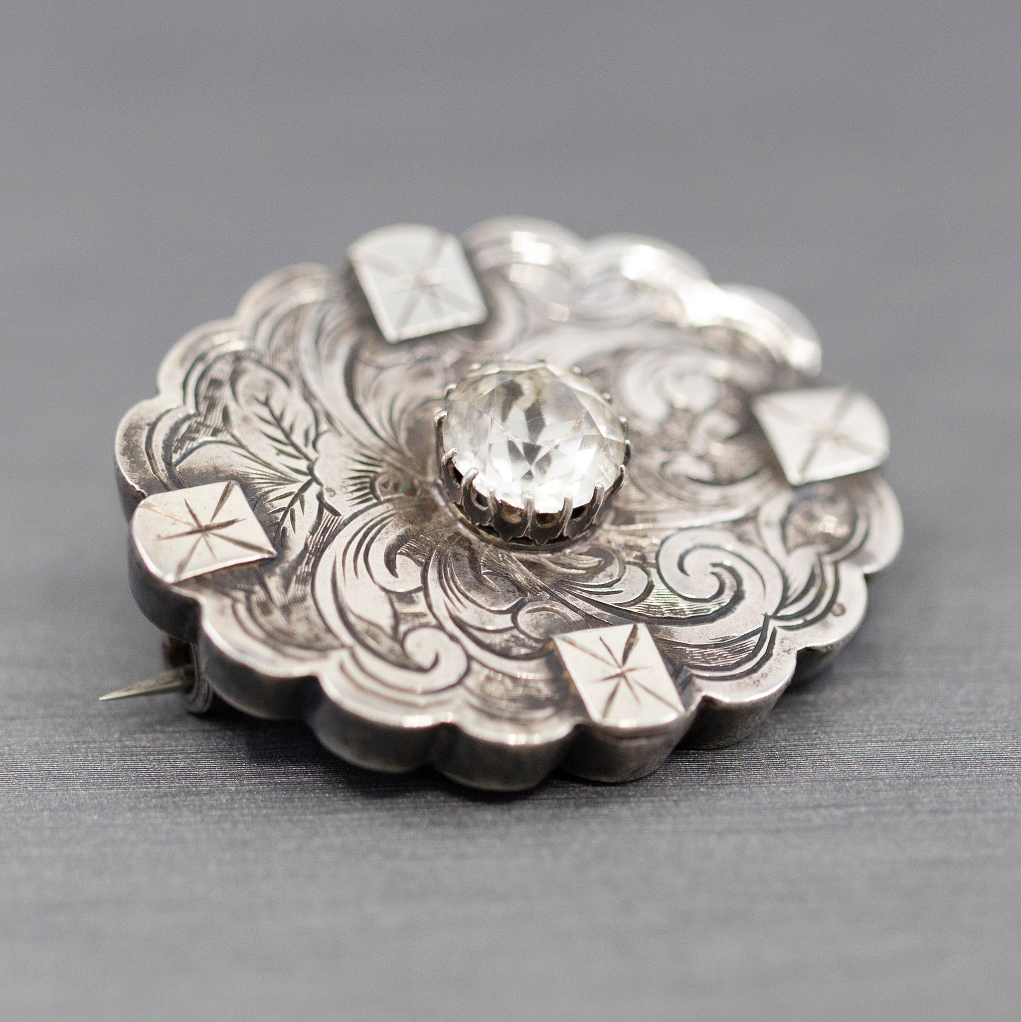 1885 Victorian English Silver and Paste Engraved Brooch Pin