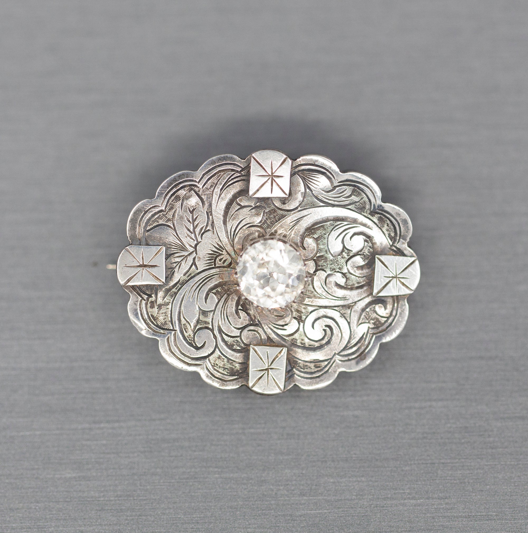 1885 Victorian English Silver and Paste Engraved Brooch Pin
