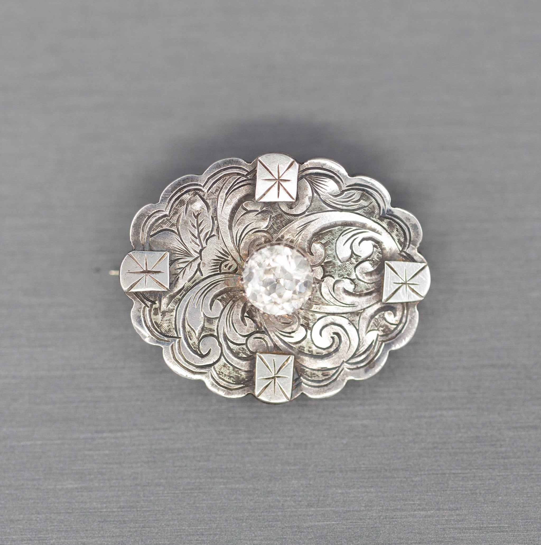1885 Victorian English Silver and Paste Engraved Brooch Pin