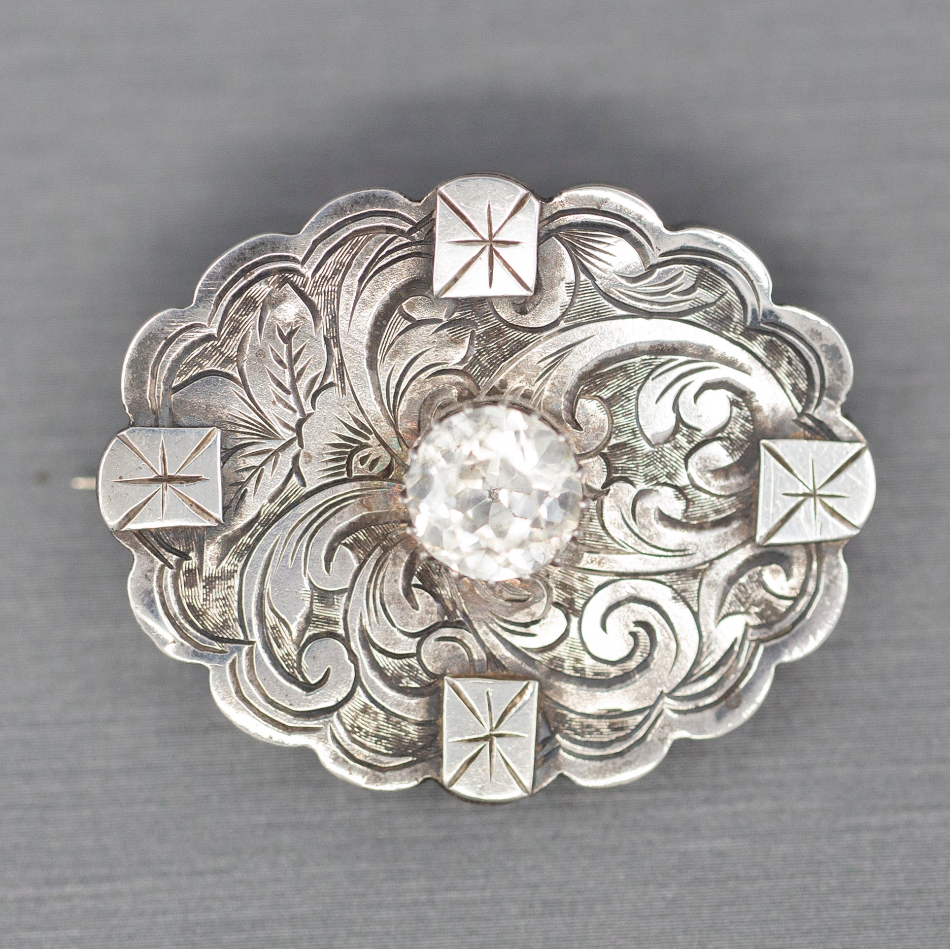 1885 Victorian English Silver and Paste Engraved Brooch Pin