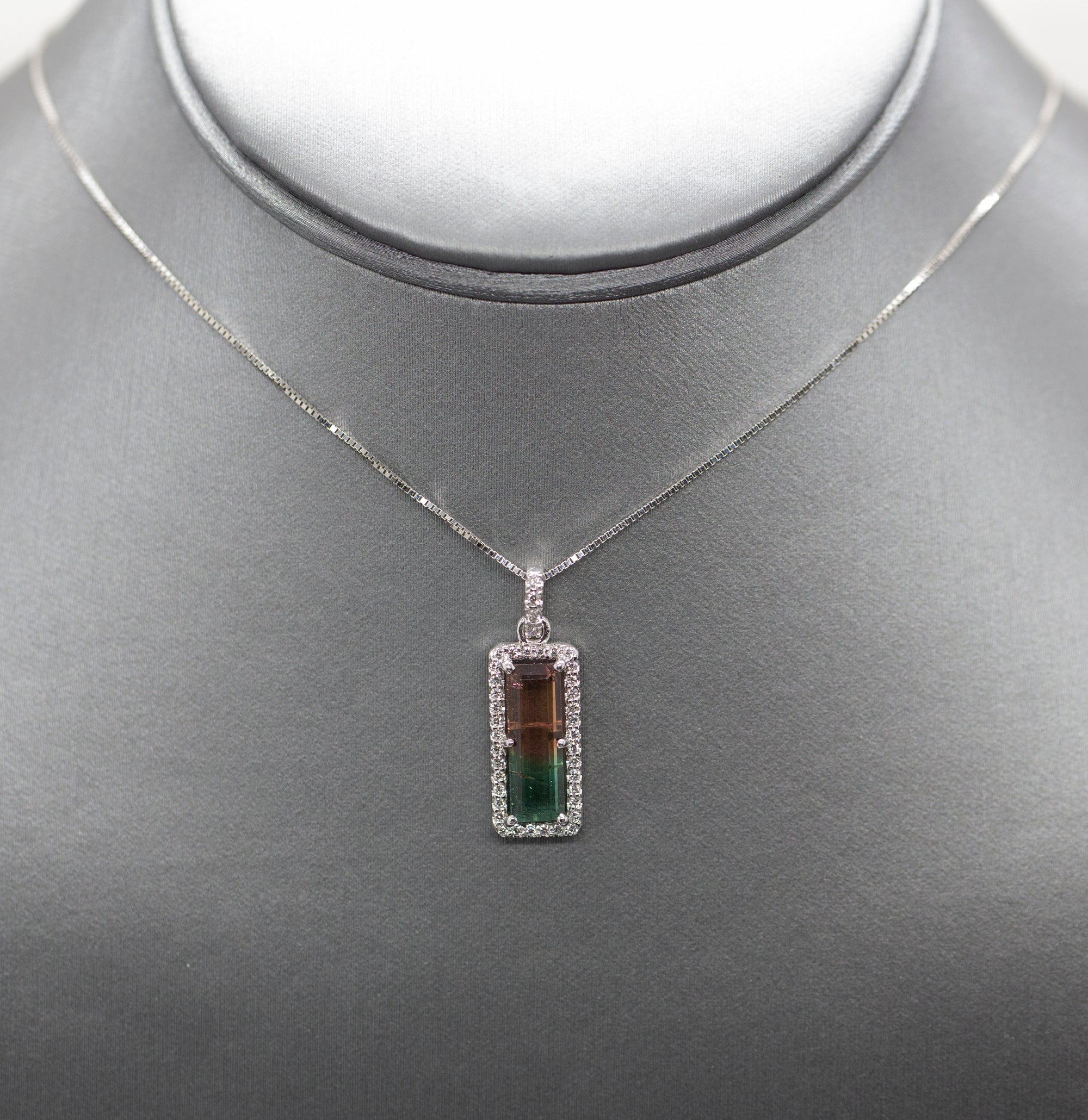 Handcrafted Natural Watermelon Tourmaline and Diamond Pendant Necklace 14k White Gold