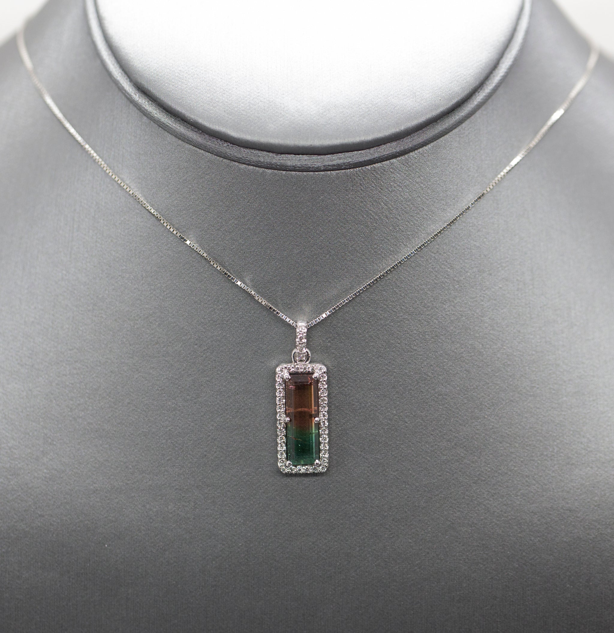 Handcrafted Natural Watermelon Tourmaline and Diamond Pendant Necklace 14k White Gold