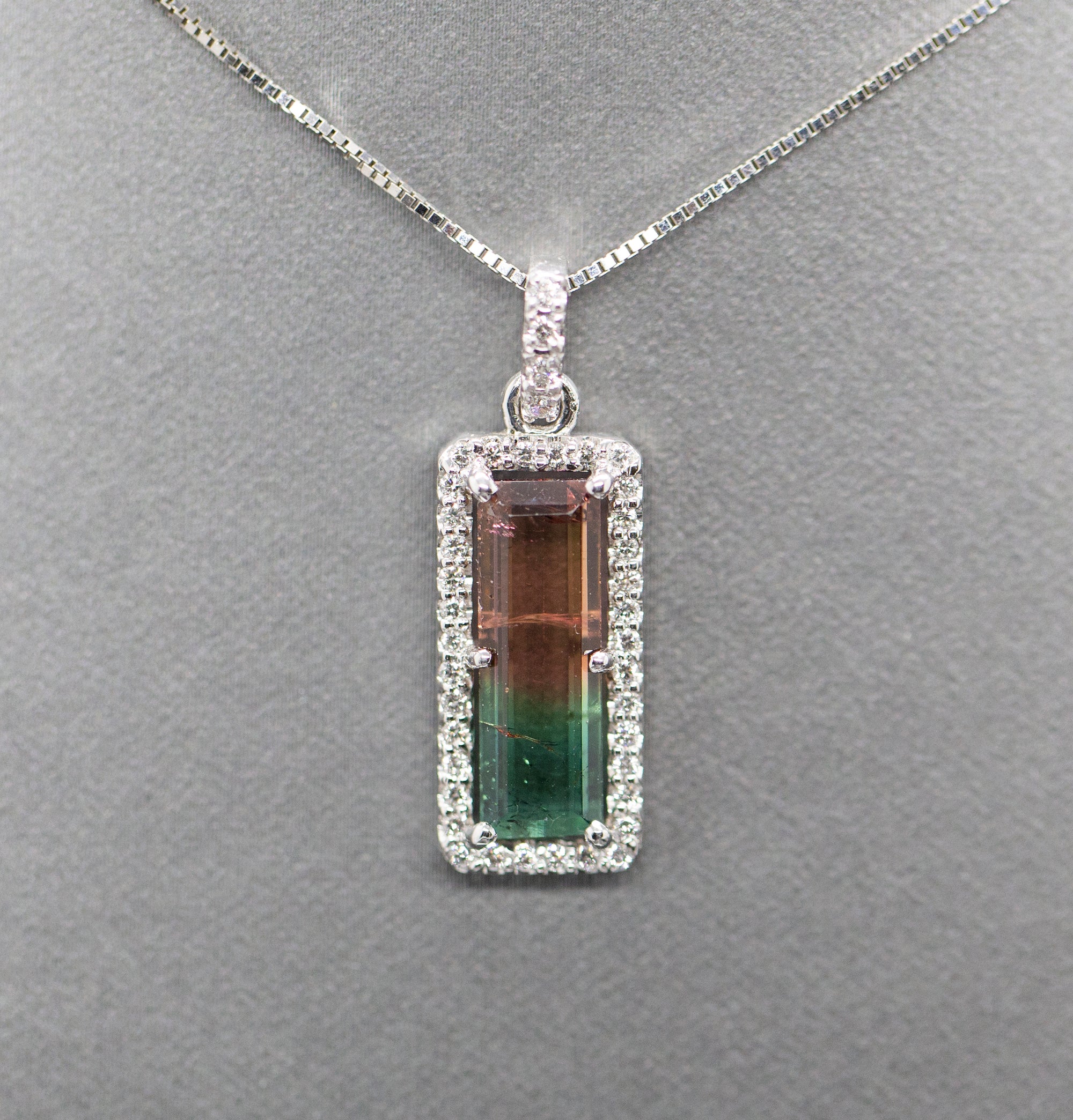 Handcrafted Natural Watermelon Tourmaline and Diamond Pendant Necklace 14k White Gold