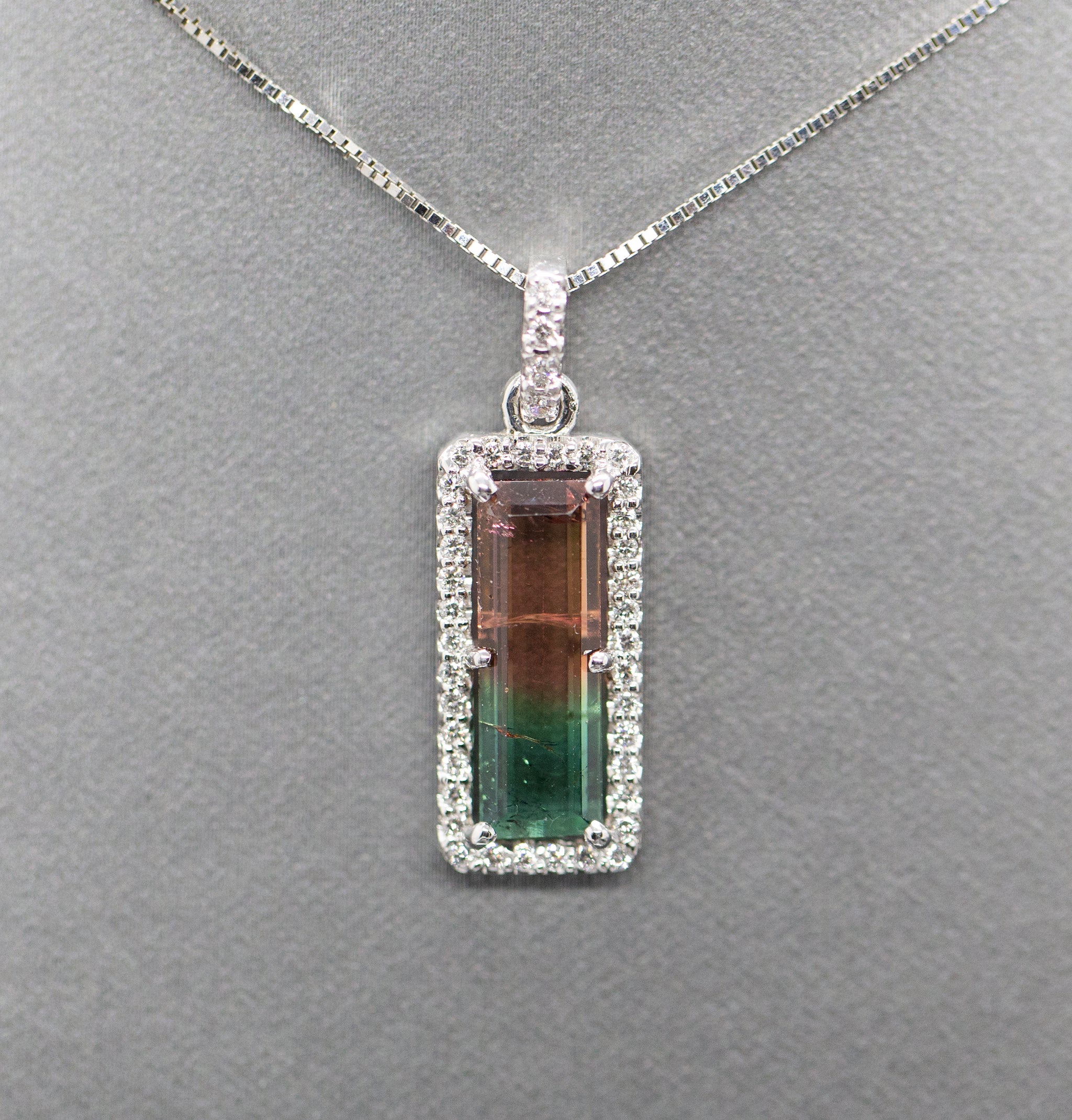 Handcrafted Natural Watermelon Tourmaline and Diamond Pendant Necklace 14k White Gold