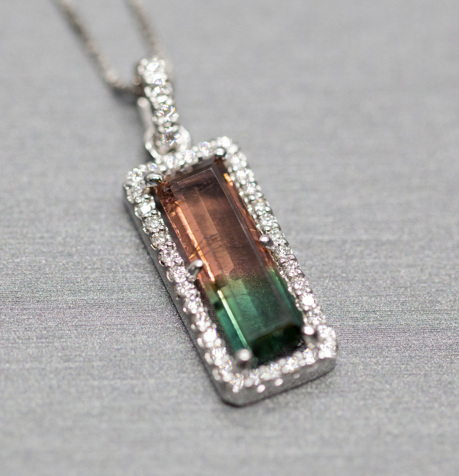 Handcrafted Natural Watermelon Tourmaline and Diamond Pendant Necklace 14k White Gold