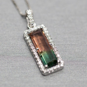 Handcrafted Natural Watermelon Tourmaline and Diamond Pendant Necklace 14k White Gold