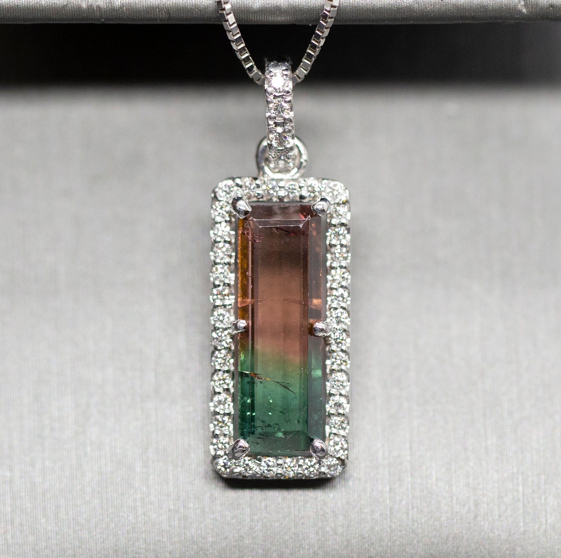 Handcrafted Natural Watermelon Tourmaline and Diamond Pendant Necklace 14k White Gold