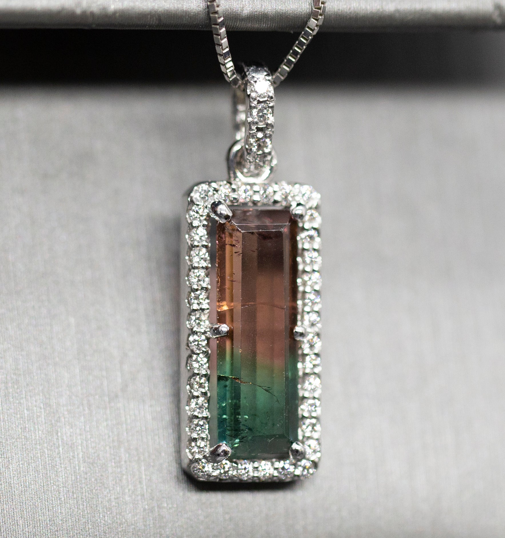 Handcrafted Natural Watermelon Tourmaline and Diamond Pendant Necklace 14k White Gold