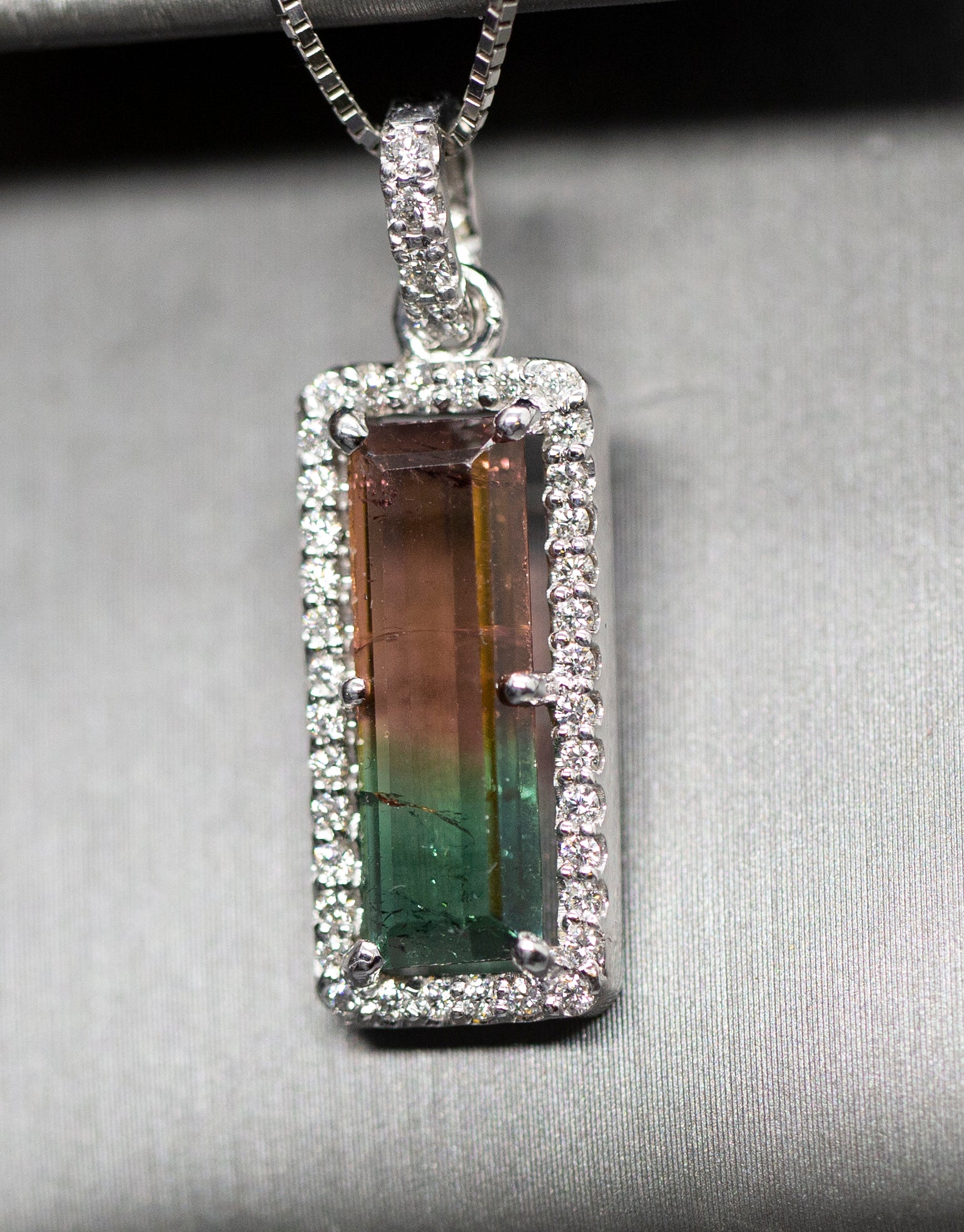 Handcrafted Natural Watermelon Tourmaline and Diamond Pendant Necklace 14k White Gold