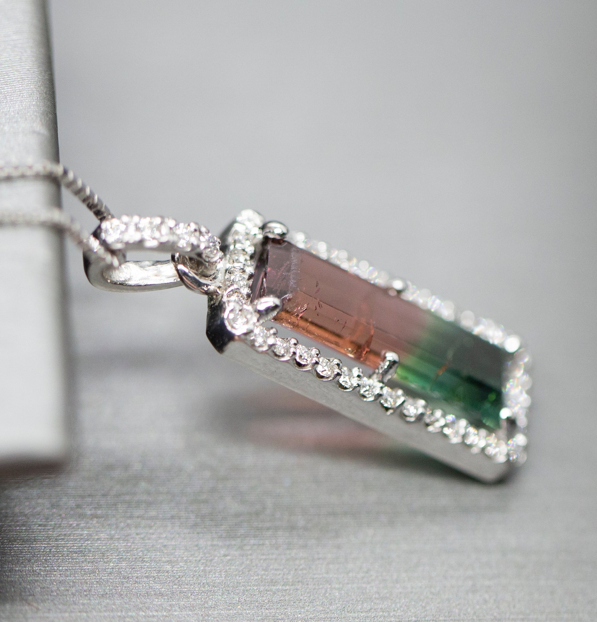 Handcrafted Natural Watermelon Tourmaline and Diamond Pendant Necklace 14k White Gold