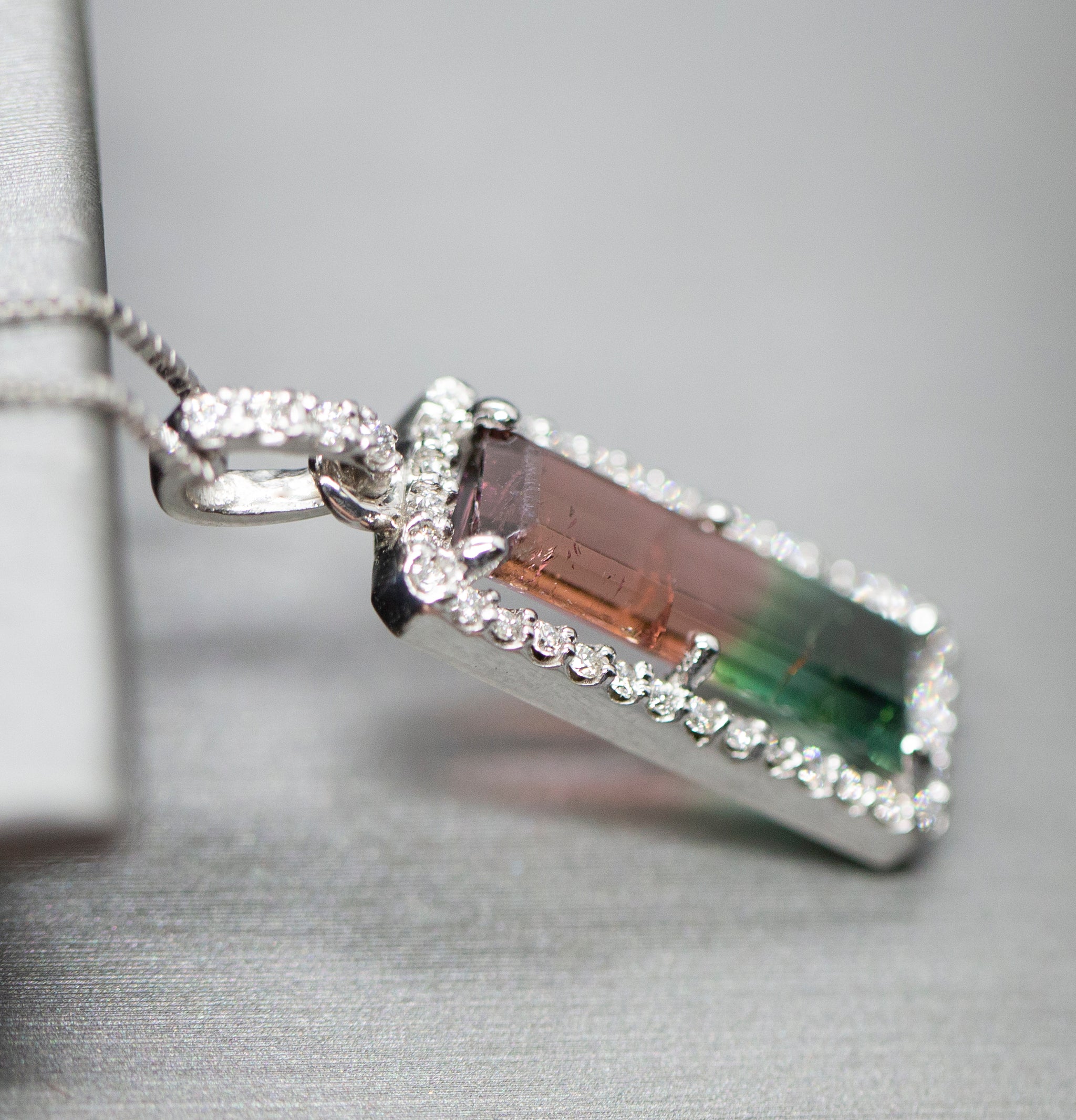 Handcrafted Natural Watermelon Tourmaline and Diamond Pendant Necklace 14k White Gold