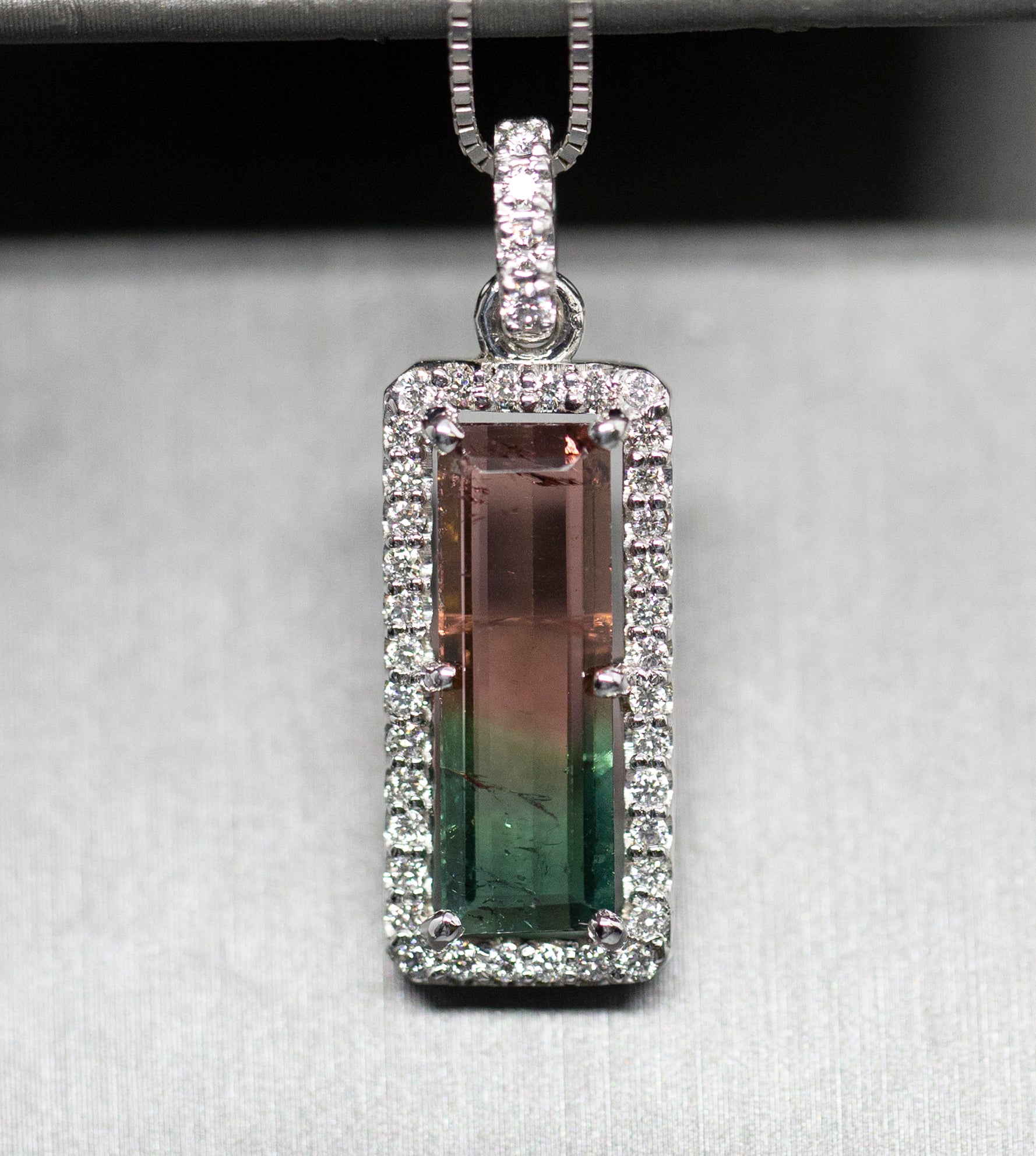 Handcrafted Natural Watermelon Tourmaline and Diamond Pendant Necklace 14k White Gold