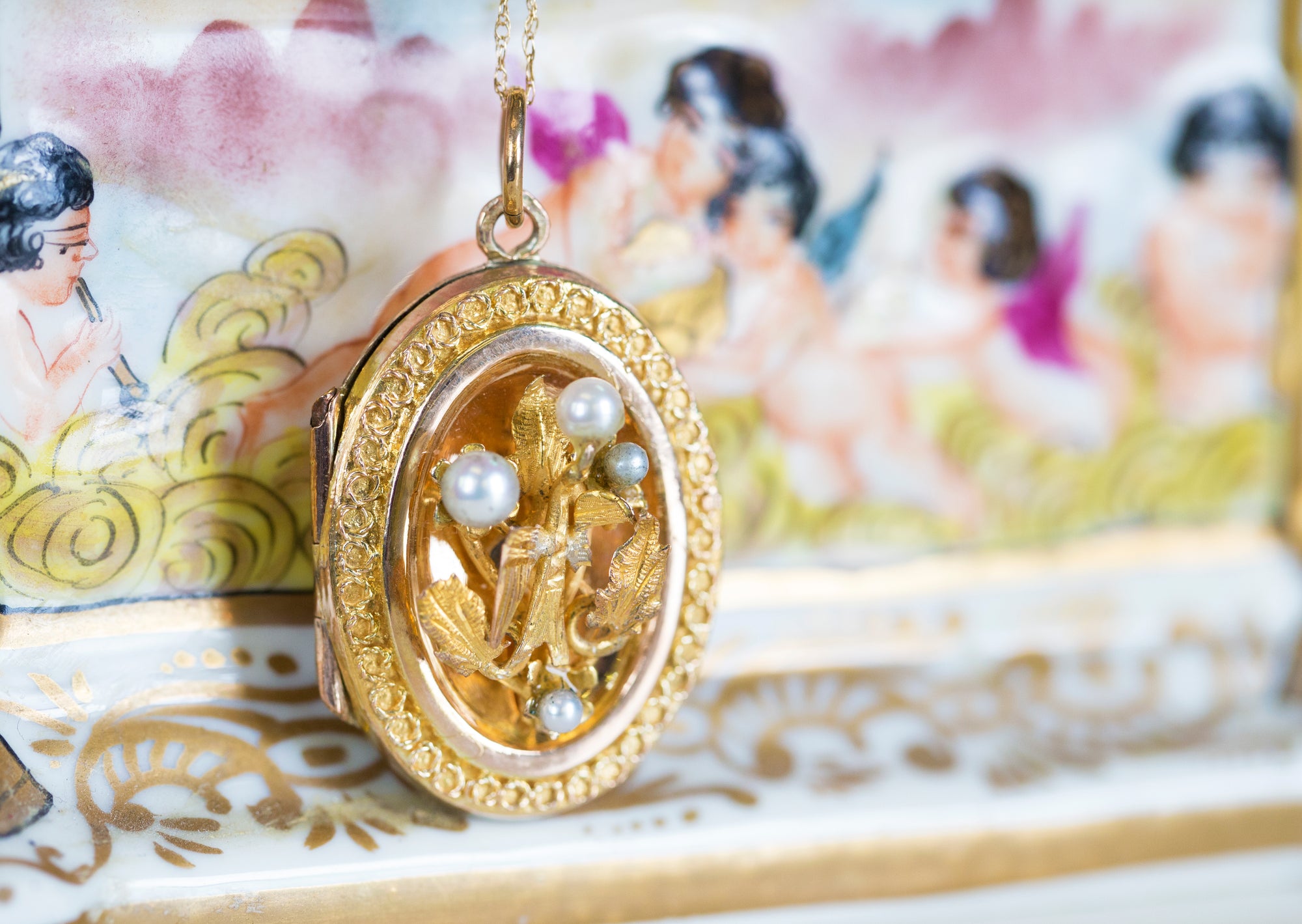 Antique Victorian Italian Bird and Pearl Locket Pendant 14k Yellow Gold