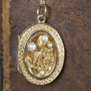 Antique Victorian Italian Bird and Pearl Locket Pendant 14k Yellow Gold