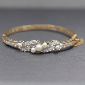 Exquisite Art Deco Cultured Pearl and Diamond Bangle Bracelet in 14k Yellow Gold
