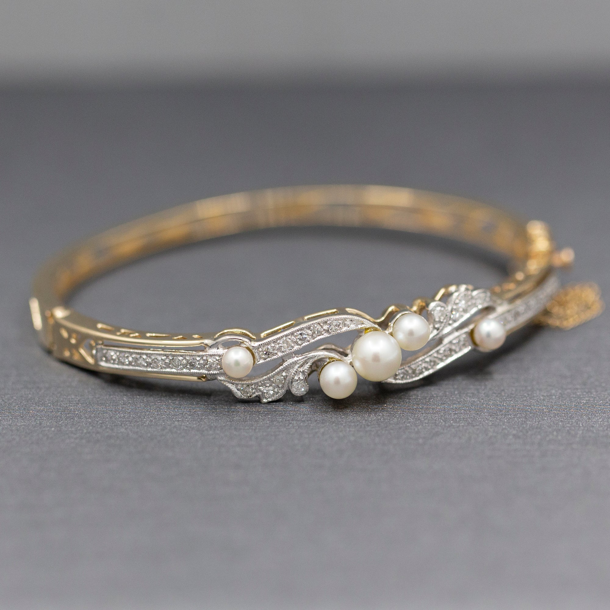 Exquisite Art Deco Cultured Pearl and Diamond Bangle Bracelet in 14k Yellow Gold