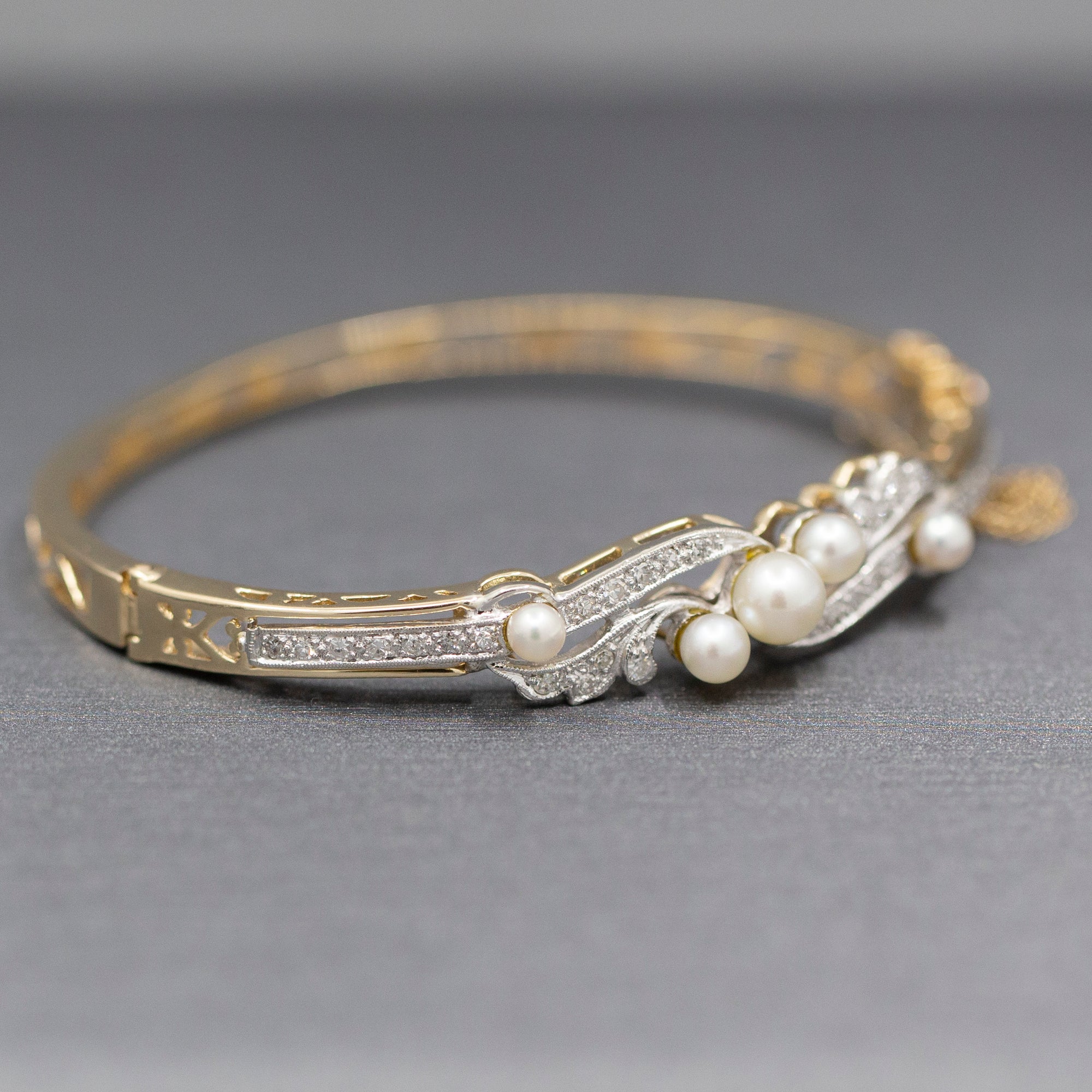 Exquisite Art Deco Cultured Pearl and Diamond Bangle Bracelet in 14k Yellow Gold