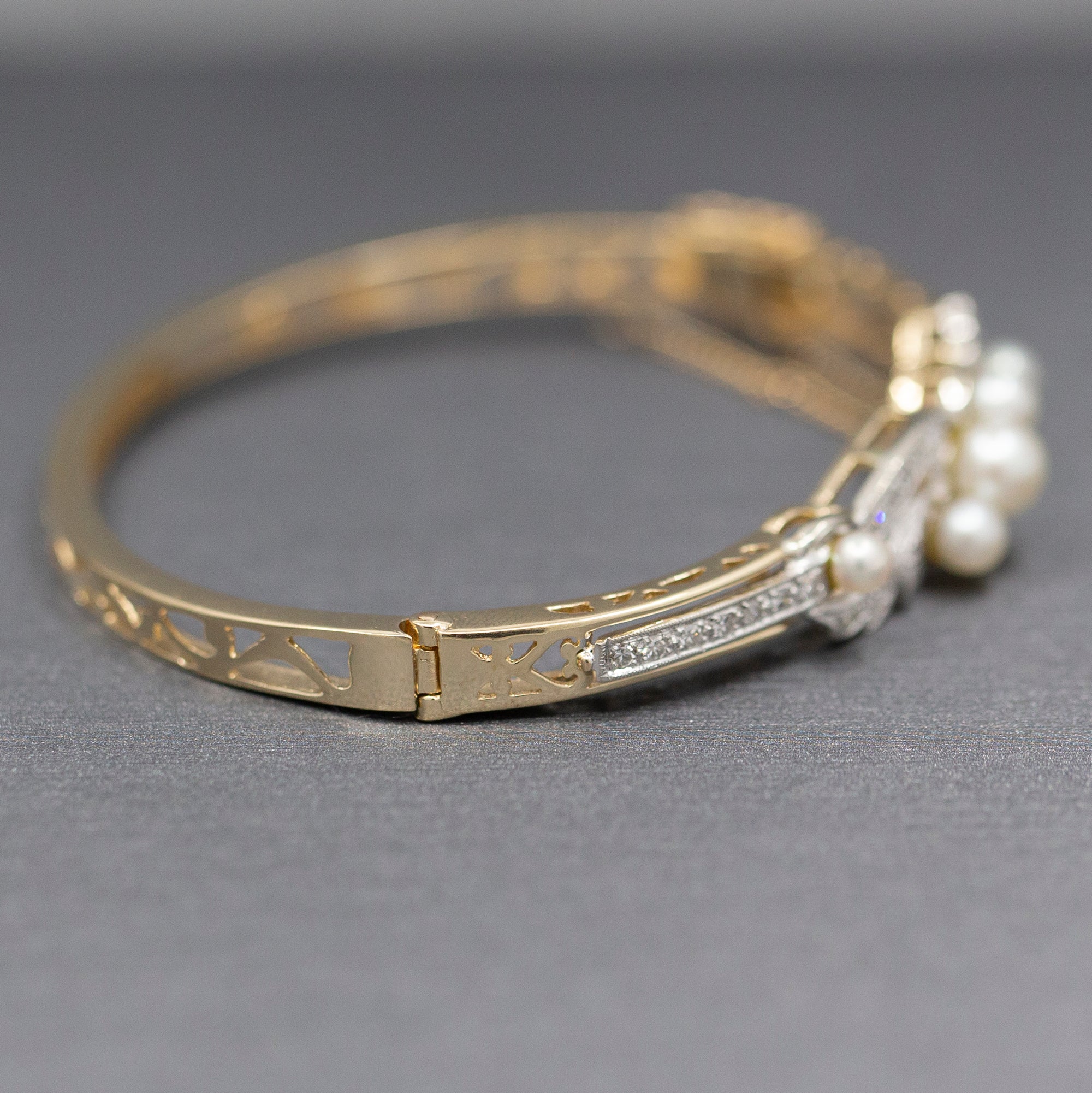 Exquisite Art Deco Cultured Pearl and Diamond Bangle Bracelet in 14k Yellow Gold