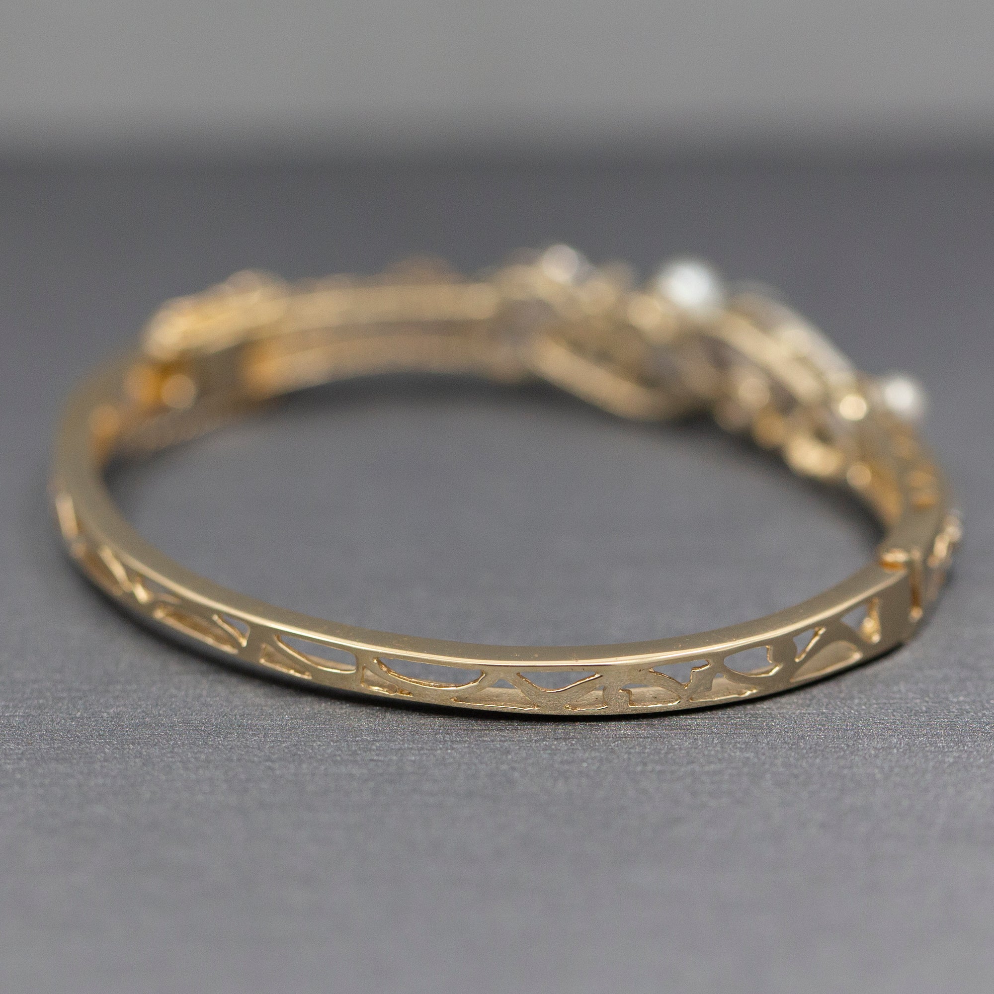 Exquisite Art Deco Cultured Pearl and Diamond Bangle Bracelet in 14k Yellow Gold
