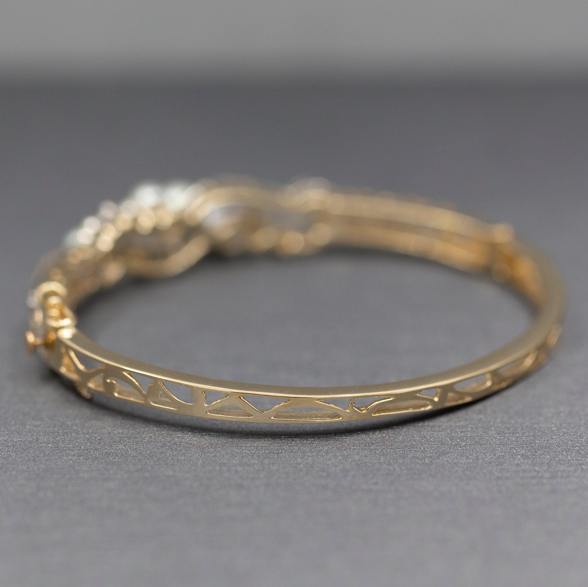 Exquisite Art Deco Cultured Pearl and Diamond Bangle Bracelet in 14k Yellow Gold