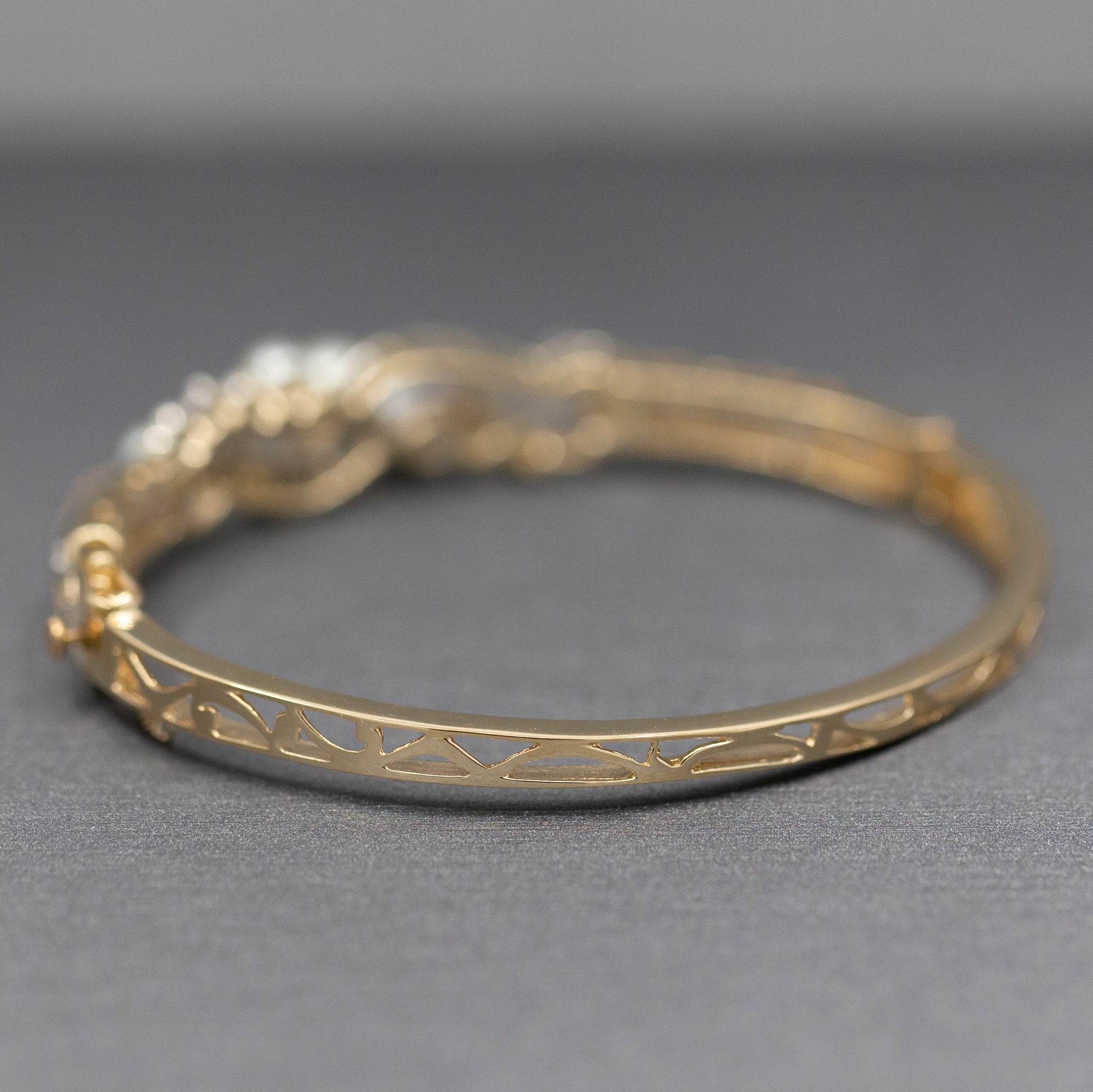 Exquisite Art Deco Cultured Pearl and Diamond Bangle Bracelet in 14k Yellow Gold