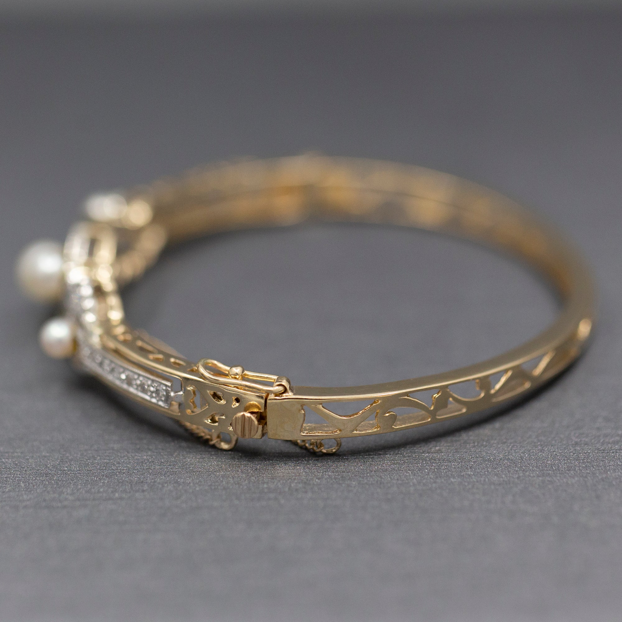 Exquisite Art Deco Cultured Pearl and Diamond Bangle Bracelet in 14k Yellow Gold