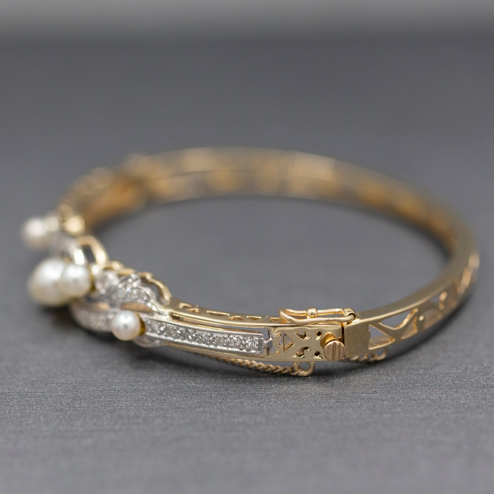 Exquisite Art Deco Cultured Pearl and Diamond Bangle Bracelet in 14k Yellow Gold