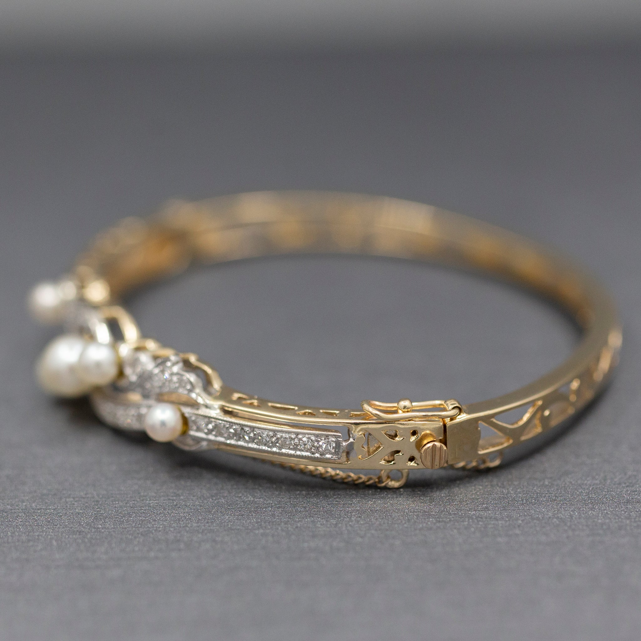 Exquisite Art Deco Cultured Pearl and Diamond Bangle Bracelet in 14k Yellow Gold
