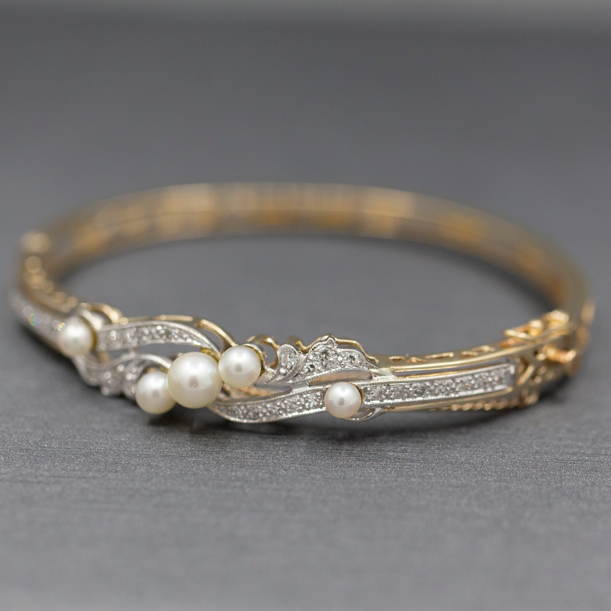 Exquisite Art Deco Cultured Pearl and Diamond Bangle Bracelet in 14k Yellow Gold