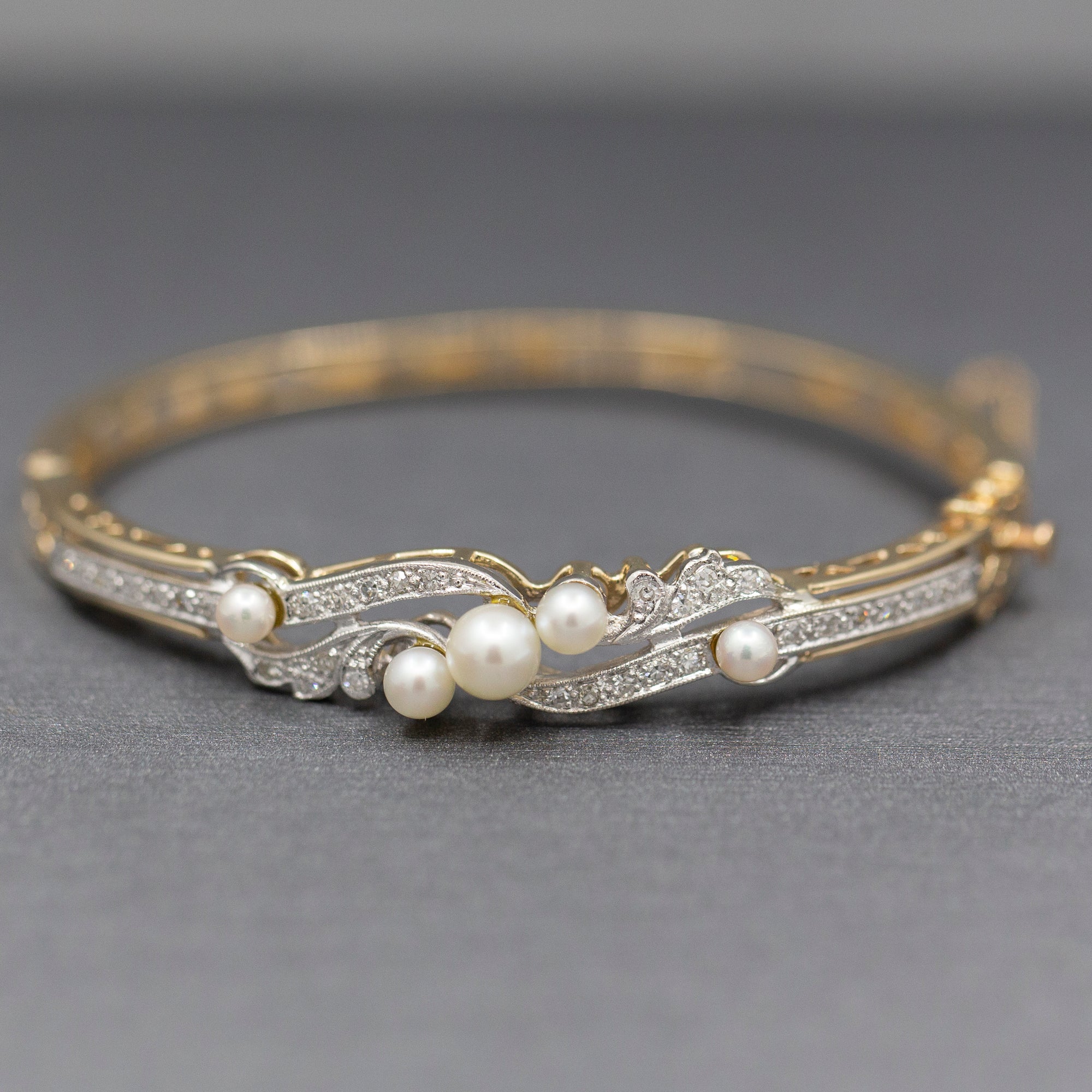 Exquisite Art Deco Cultured Pearl and Diamond Bangle Bracelet in 14k Yellow Gold
