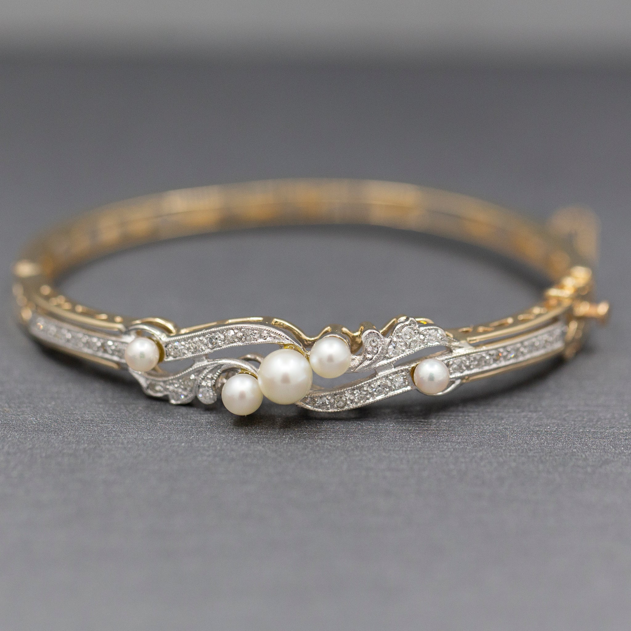 Exquisite Art Deco Cultured Pearl and Diamond Bangle Bracelet in 14k Yellow Gold