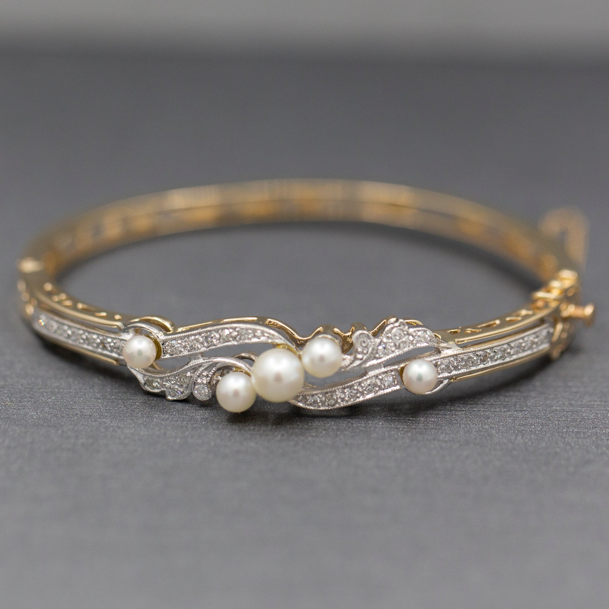 Exquisite Art Deco Cultured Pearl and Diamond Bangle Bracelet in 14k Yellow Gold