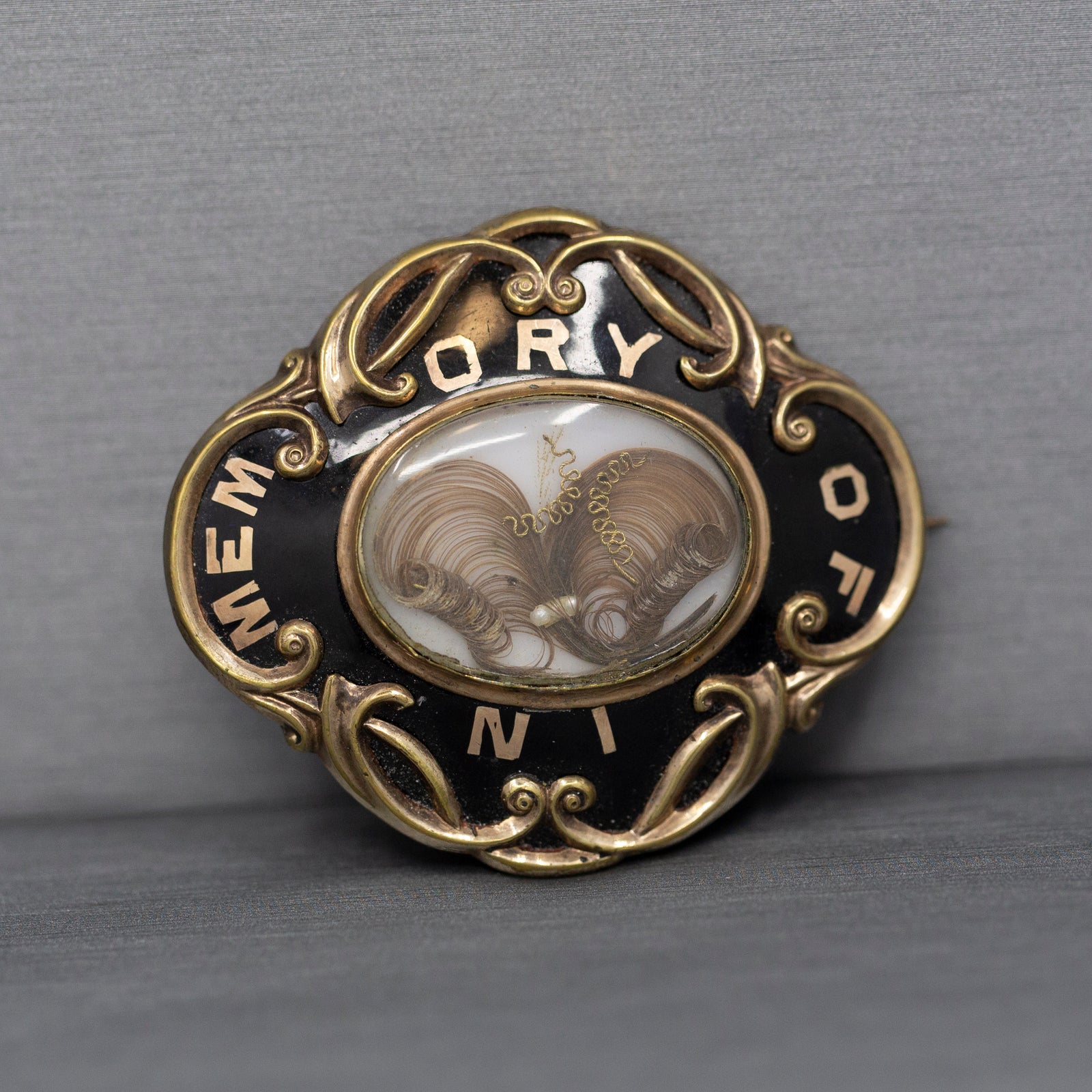 Antique Victorian Mourning In Memory Of Hair Work Brooch in 10k Yellow Gold