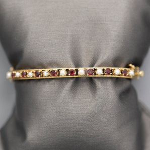 Romantic Red Garnet and Seed Pearl Bangle Bracelet in 14k Yellow Gold