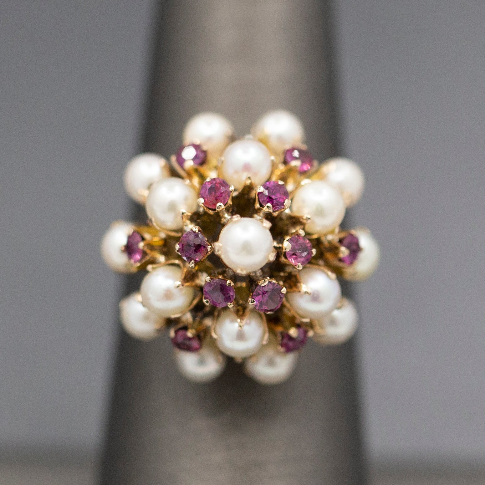 Gorgeous Vintage Ruby and Pearl Tiered Princess Harem Ring in 18k Yellow Gold